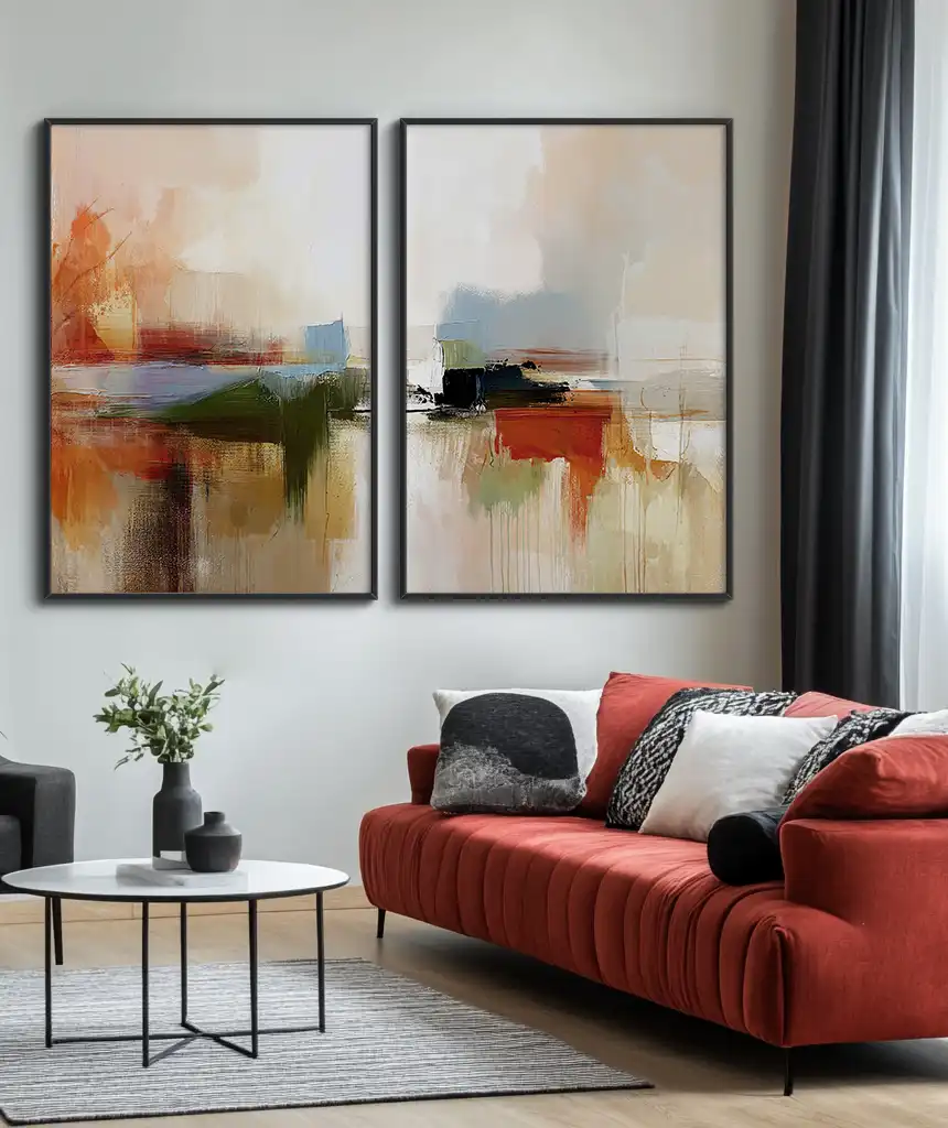 Conjunto 2 quadros decorativos Artho Coleção Abstrato n68 n69 capa Conjunto 2 Quadros Decorativos Coleção Abstraite n68 n69 – Areia, Azul e Laranja - Imagem 1